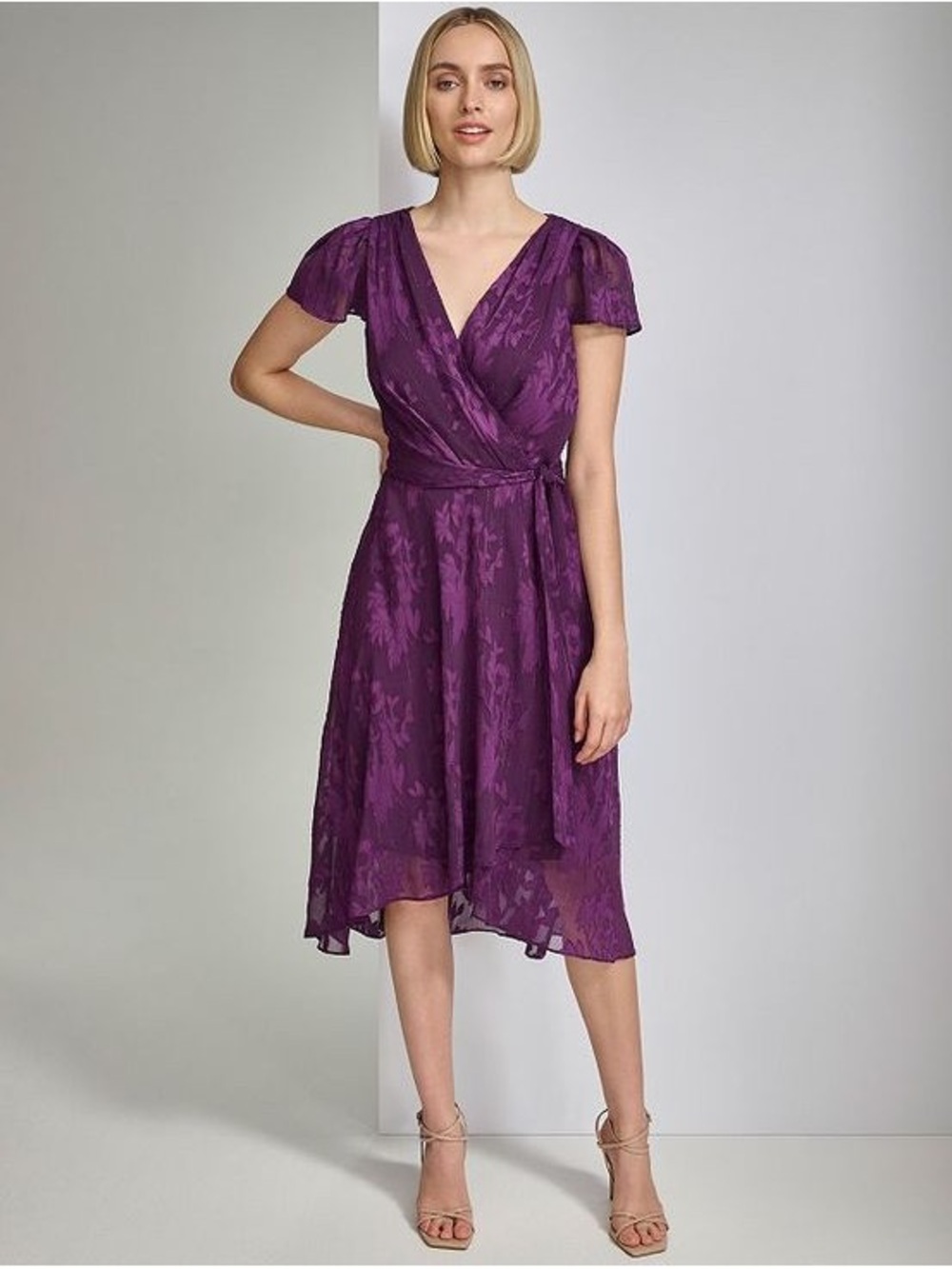 💜 DKNY Purple Fairycore Metallic Floral Faux Wrap Midi Dress NWT Wedding Guest